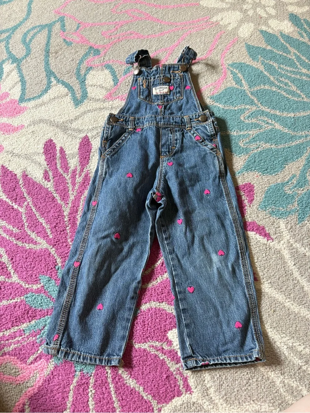 Oshkosh B’Gosh Pink Heart Embroidered Denim Overalls Todder Girls 2T